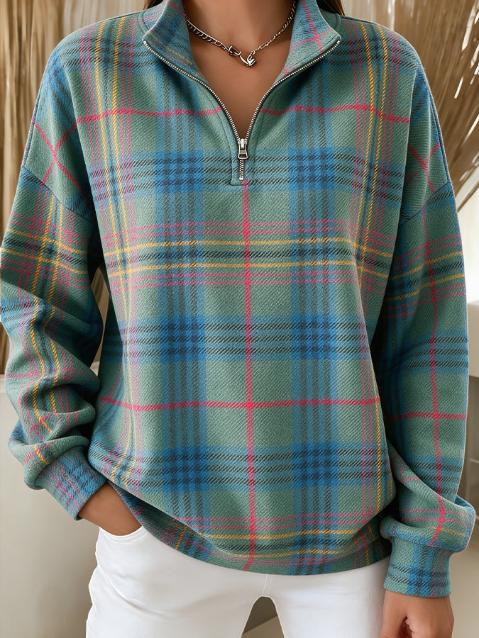 Women'S Plaid Printed Zipper Sweatshirt