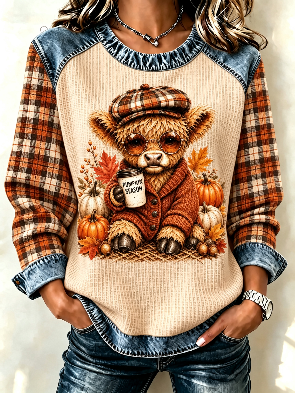 Women's Retro Highland Cattle Print Casual Long Sleeved Top