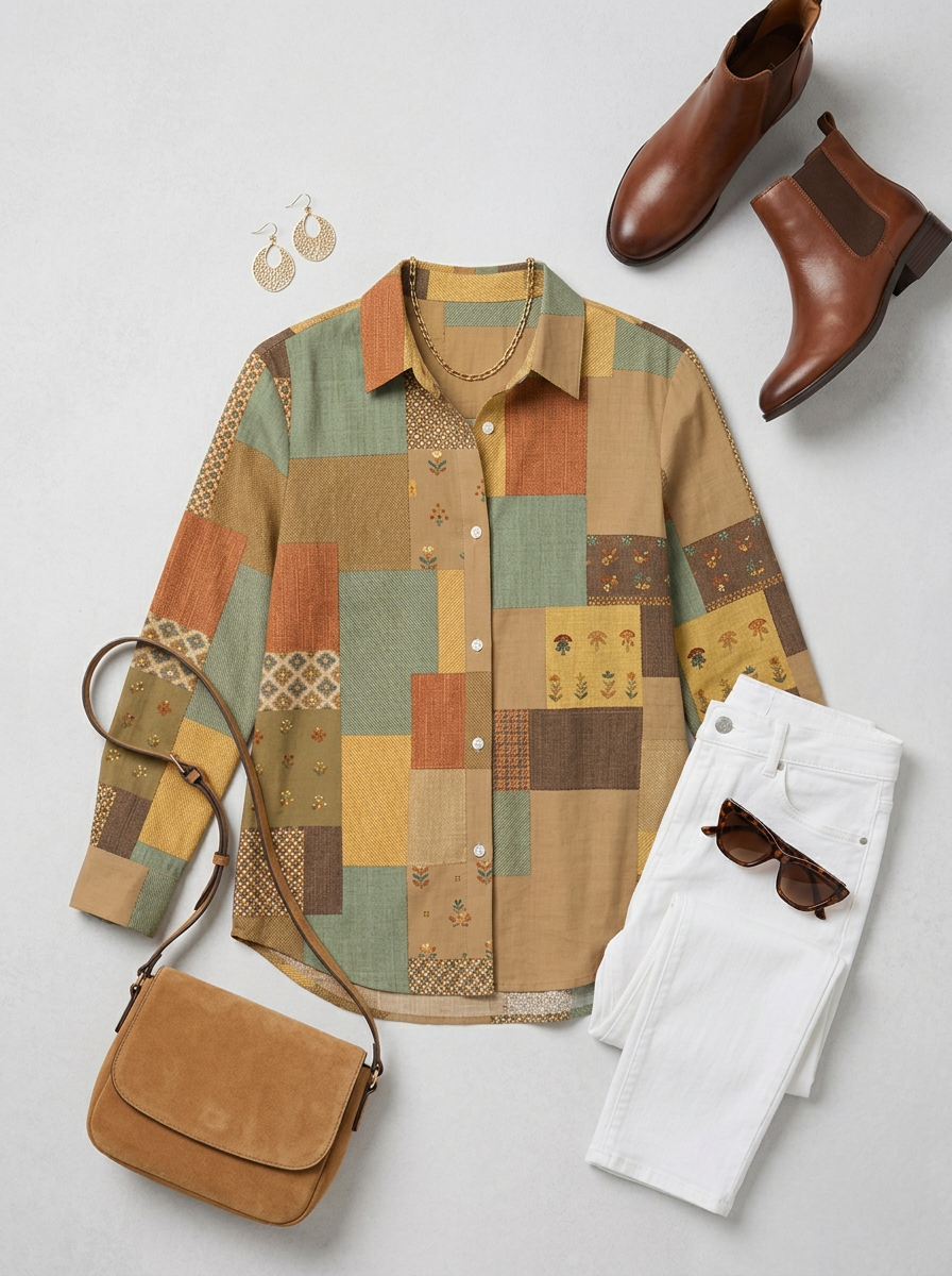 Women's Autumn Boho Patchwork Floral Printed Button-up Shirt