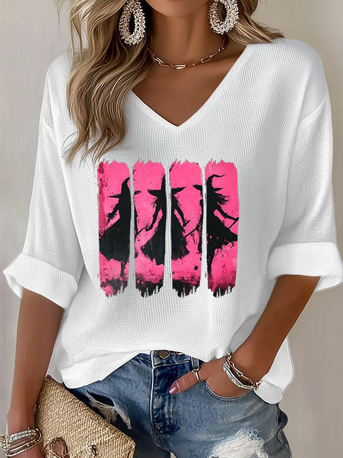 Women's Pink Witch Printed Waffle Top