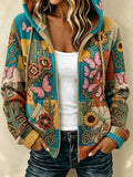Women'S Retro Floral & Butterfly Pattern Hooded Knit Cardigan