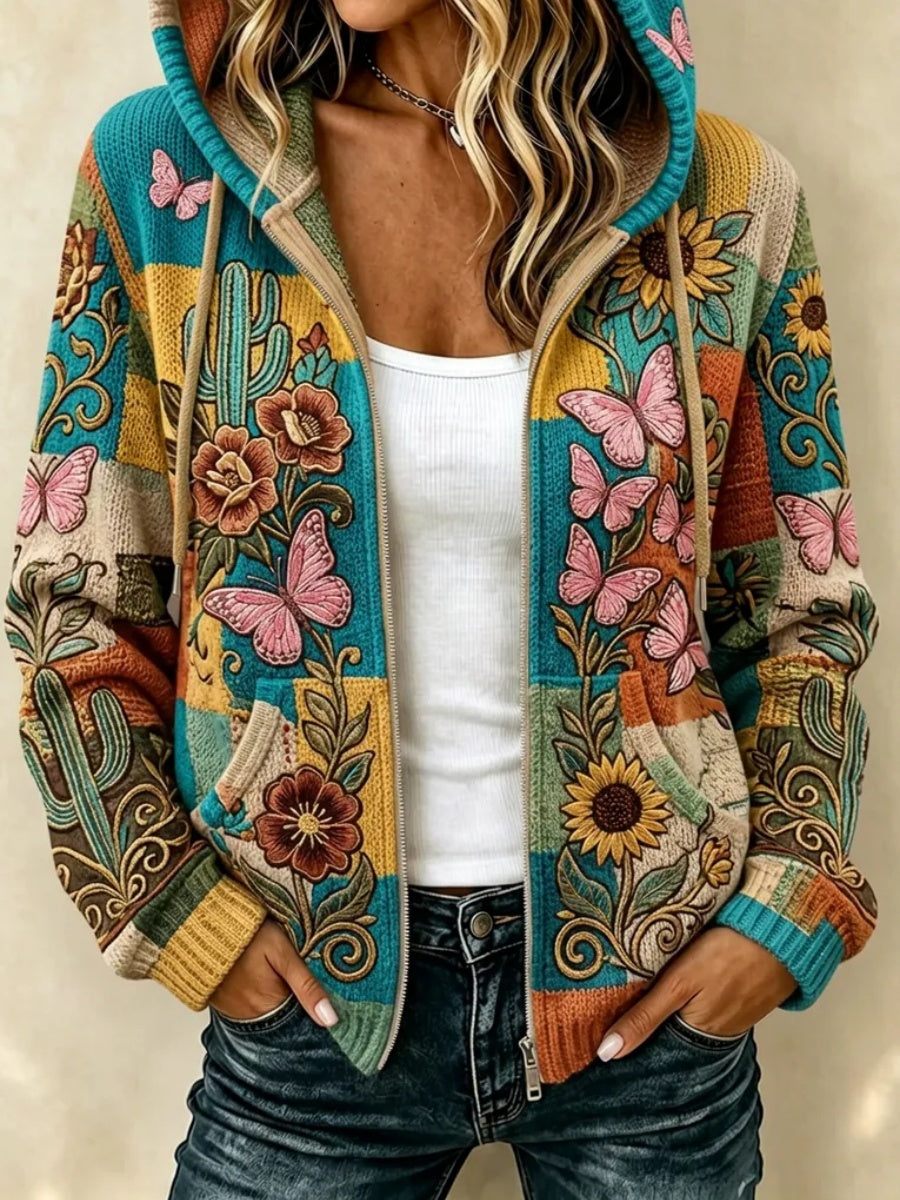 Women'S Retro Floral & Butterfly Pattern Hooded Knit Cardigan