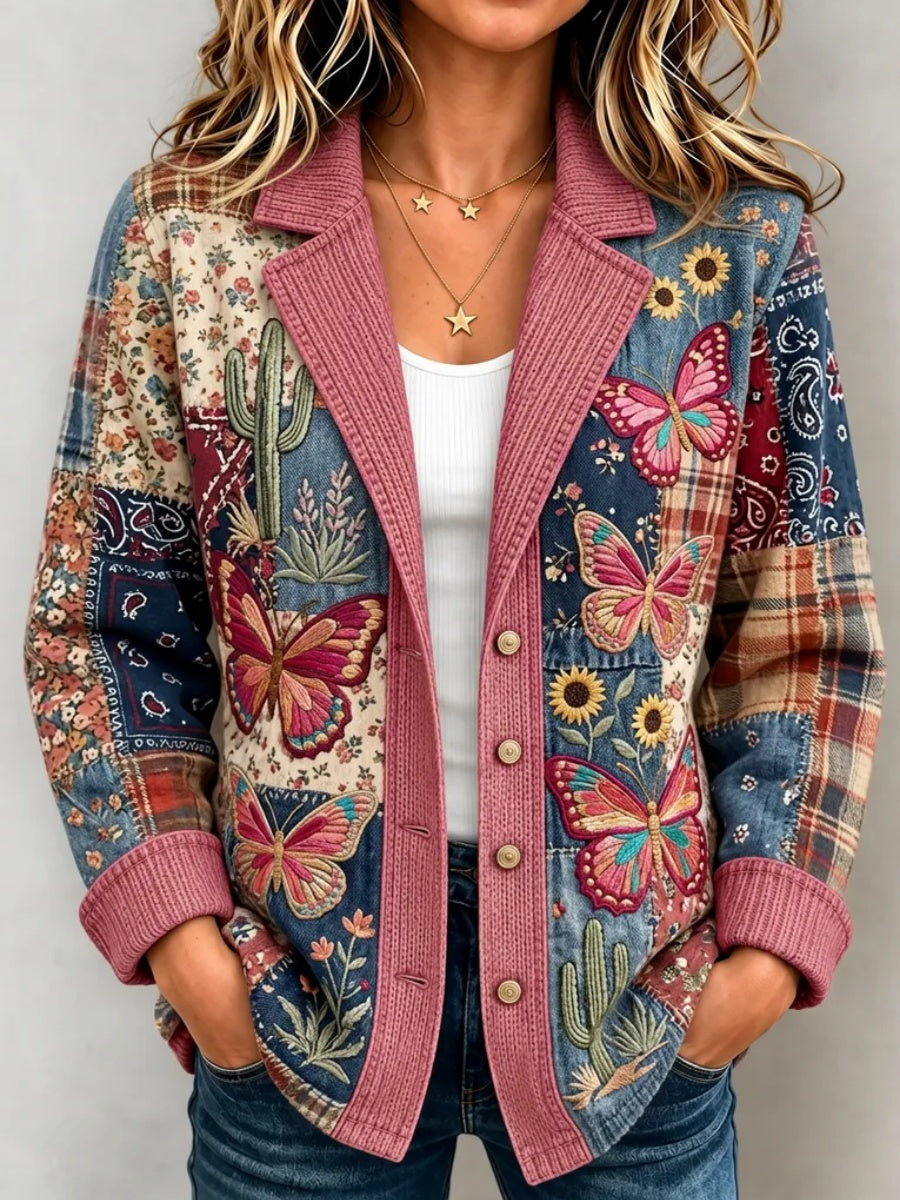 Women's Butterfly & Floral Patchwork Knitted Cardigan