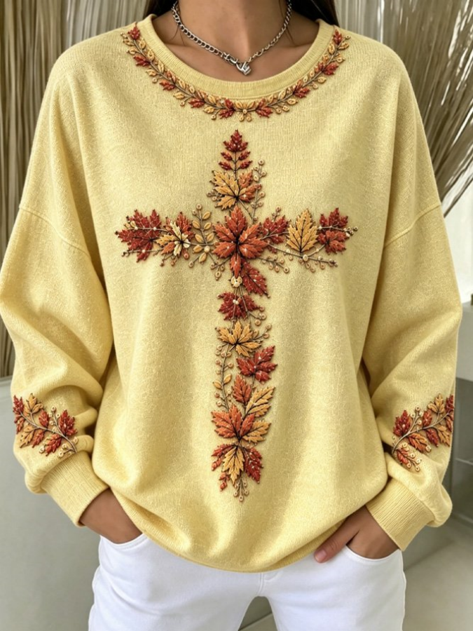 Women Maple Leaf Crew Neck Casual Spring/Fall Long Sleeve Sweatshirt