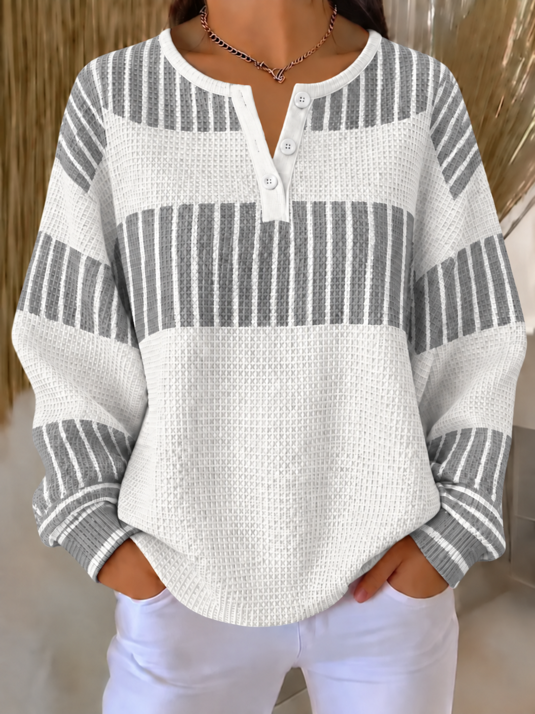 Women Abstract Henley Collar Printing Casual Spring/Fall Long Sleeve Sweatshirt