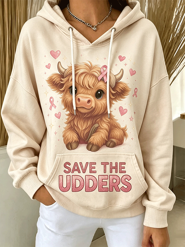 Women's Save The Udders Highland Cow Pink Ribbon Hoodie