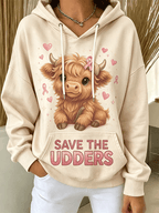Women's Save The Udders Highland Cow Pink Ribbon Hoodie