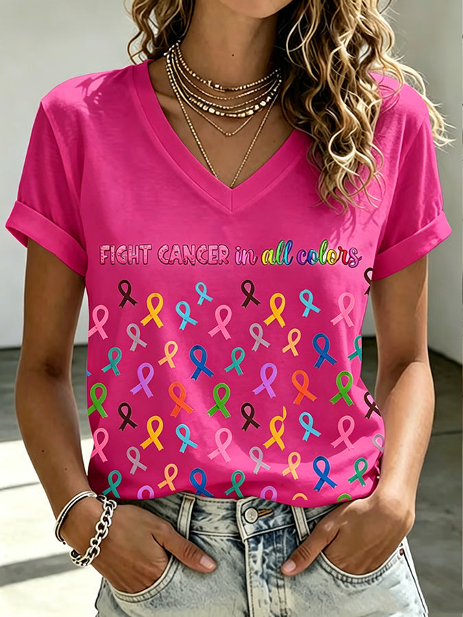 Women'S Fight Cancer In All Colors Print Short-Sleeve T-Shirt