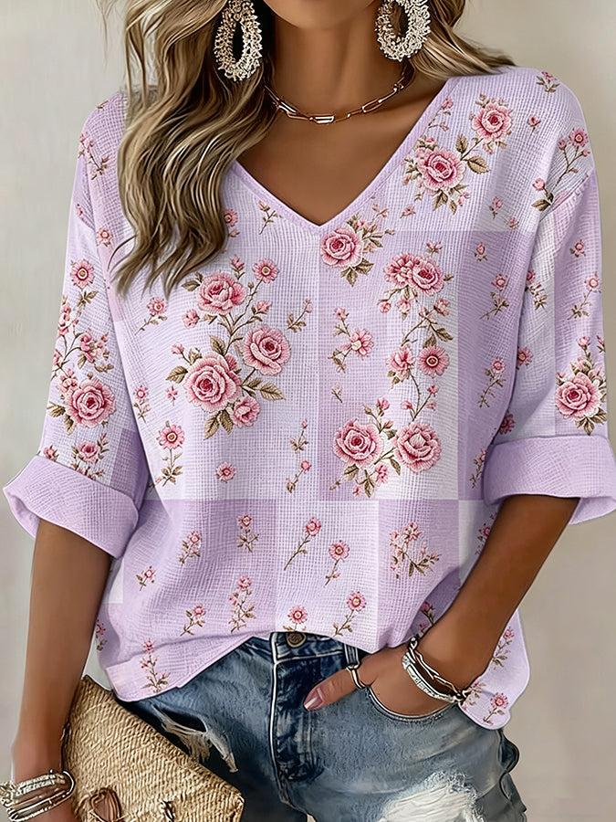 Women'S Casual Plaid Floral Waffle Top