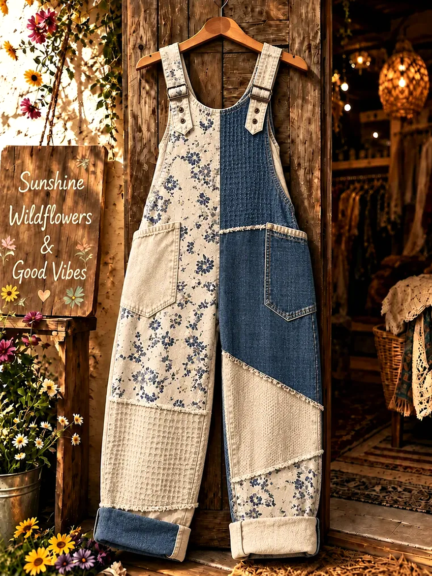 Women's Patchwork Floral Print Overalls