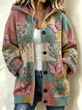 Women'S Butterfly & Floral Pattern Casual Hooded Long Cardigan