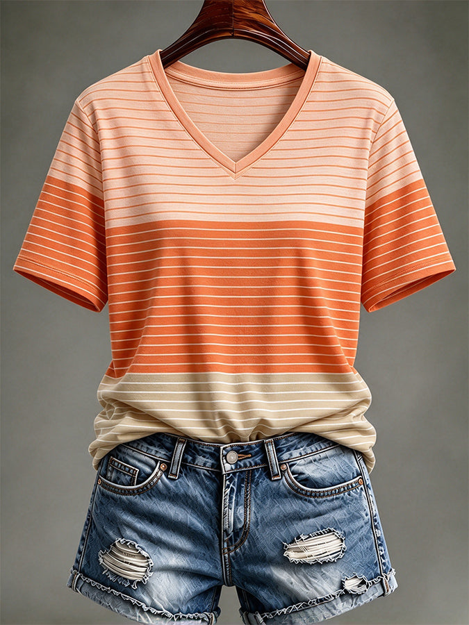 Women'S Casual Autumn Striped V-Neck T-Shirt
