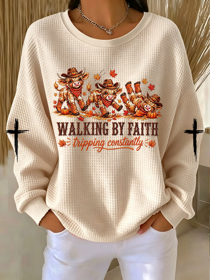 Women'S Walking by Faith Tripping Constantly Printed Waffle Sweatshirt