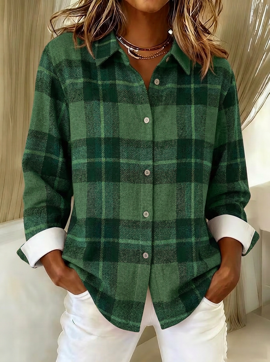 Women's Autumn Fall Plaid Pattern Printed Button-Down Shirt