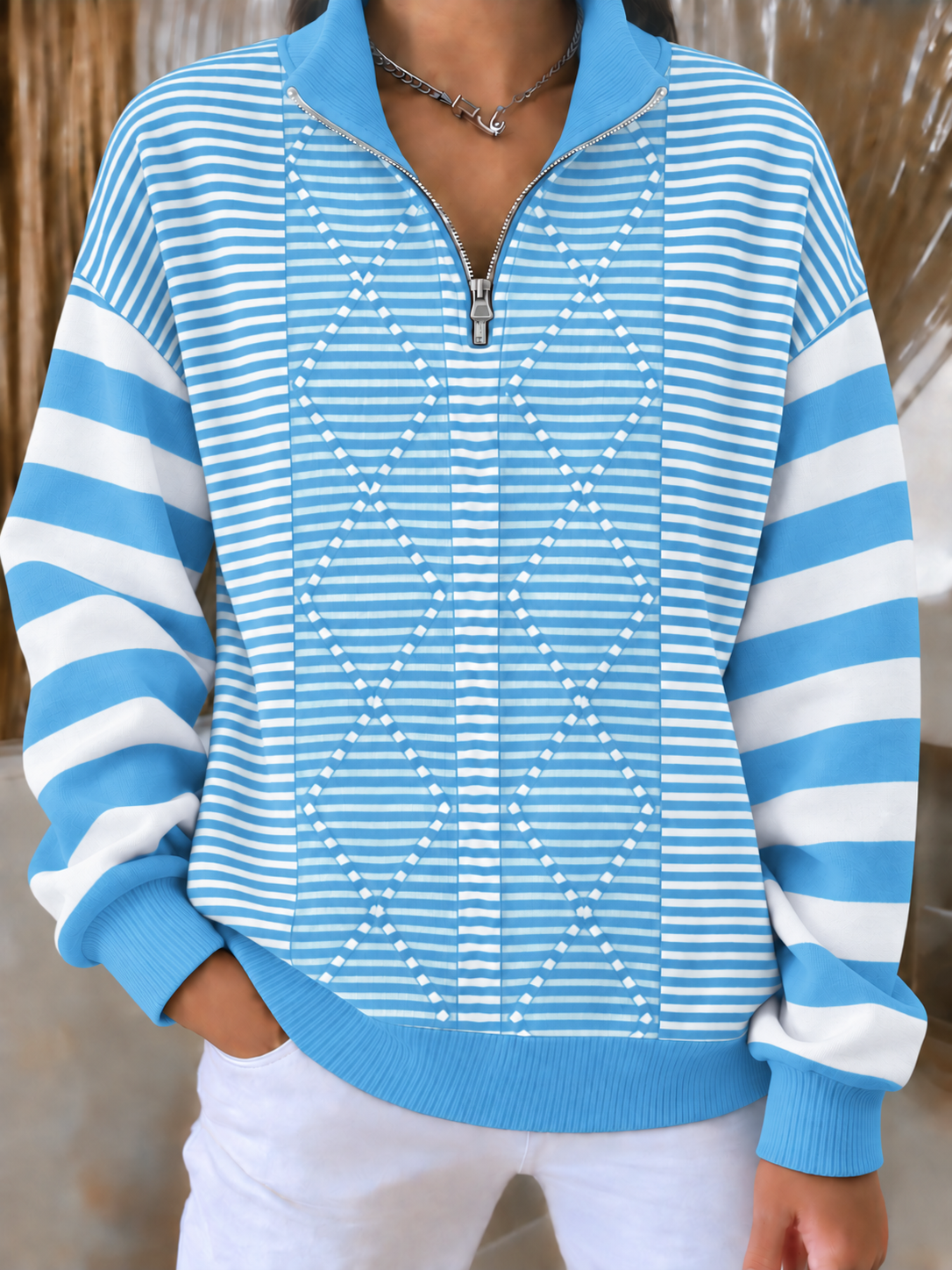 Women'S Casual Striped Zipper Top