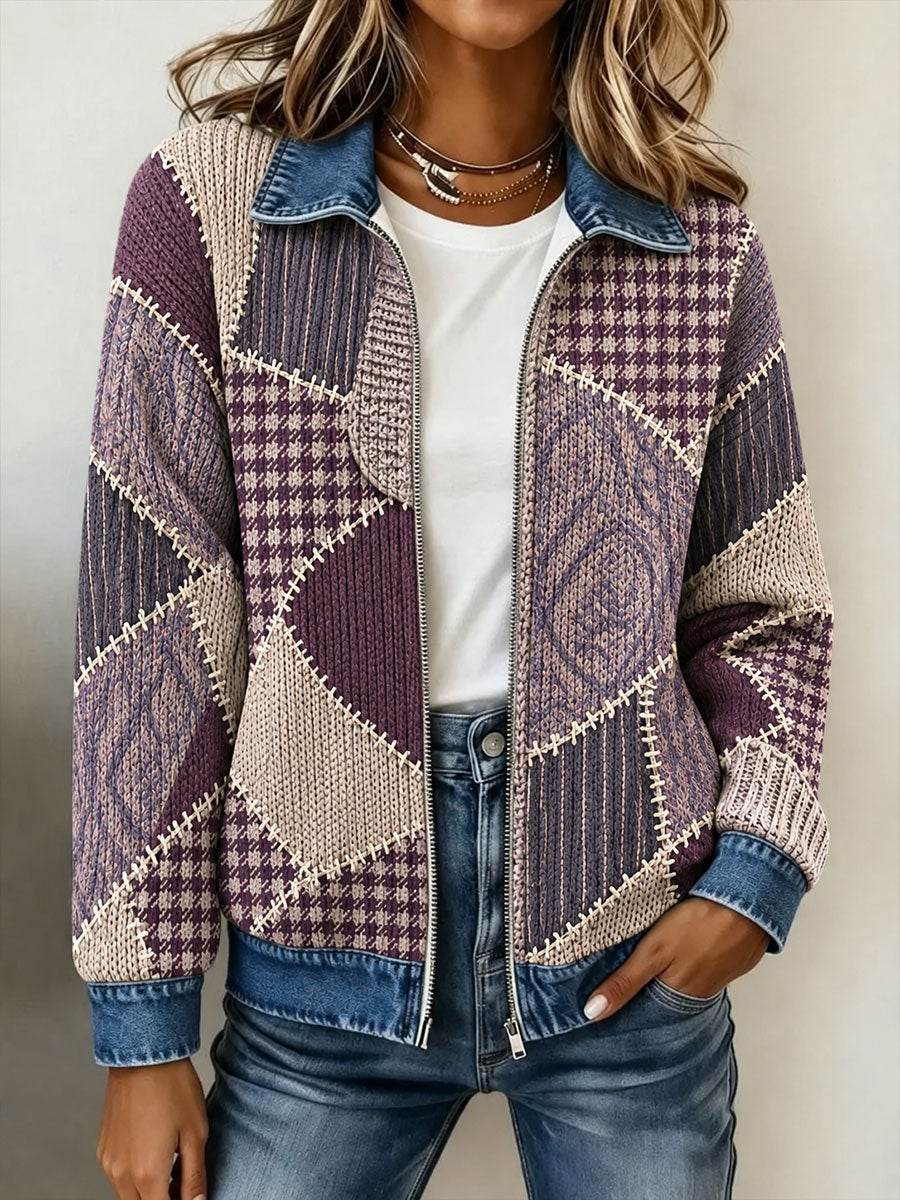 Women's  Patchwork Knitted Zipper cardigan