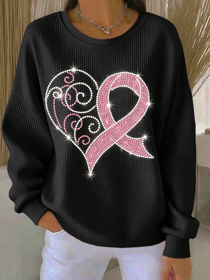 Women'S Rhinestone Breast Cancer Heart Ribbon  Print Casual Texture Sportswear