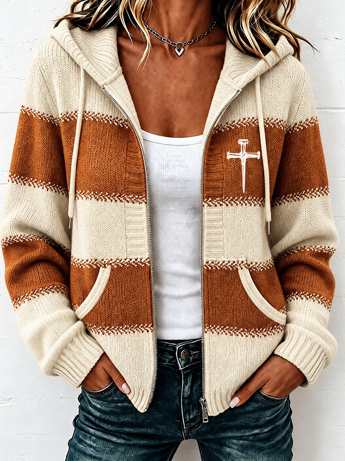 Women'S Casual Striped Faith Hooded Zipper Jacket