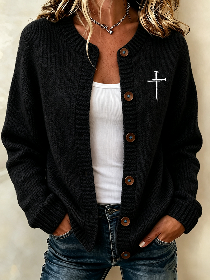Women's Faith Cross Print Knit Cardigan