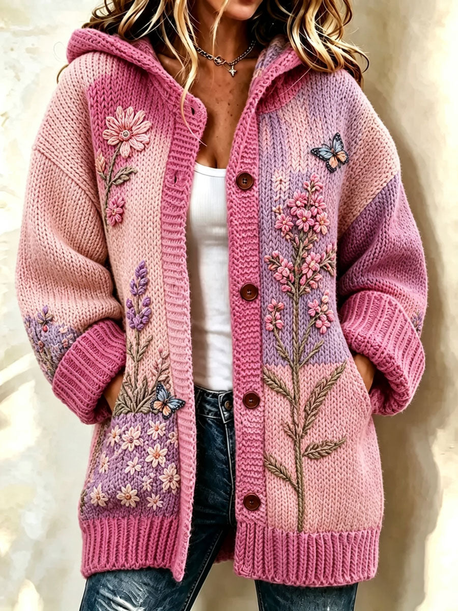 Women'S Breast Cancer Flower Pattern Long Sweater