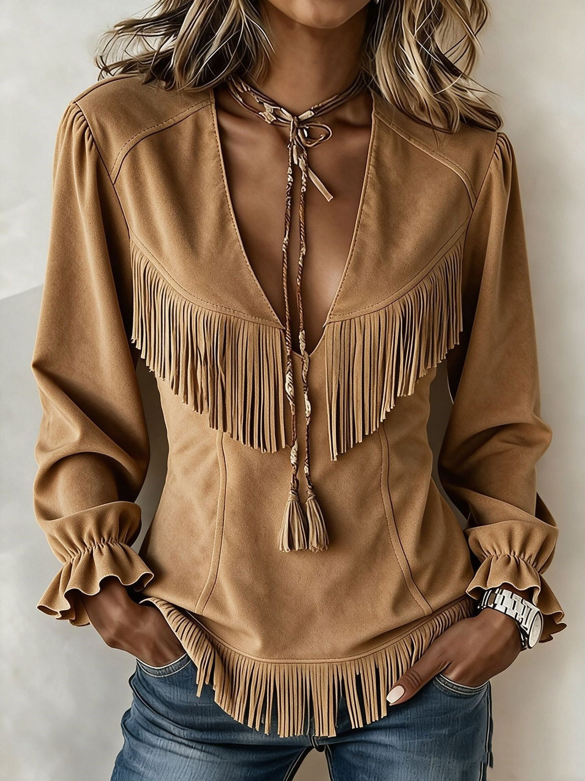 Women'S Western-Style Fitted Fringe Top