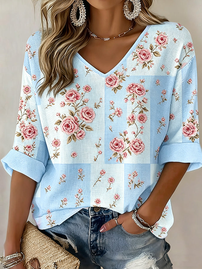 Women'S Casual Plaid Floral Waffle Top