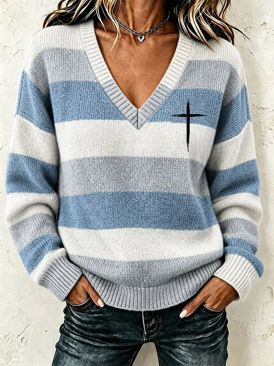 Women's Christian Art Striped Cross Sweater
