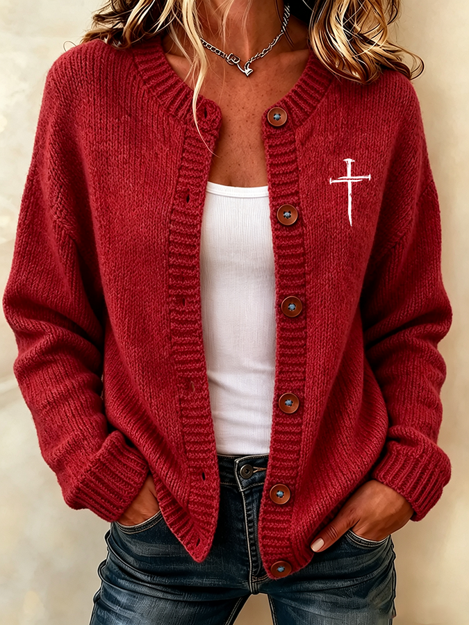 Women's Faith Cross Print Knit Cardigan