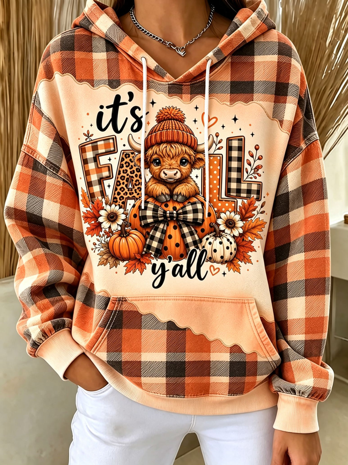 Women'S It's Fall Y'all Highland Cow Plaid Hoodie