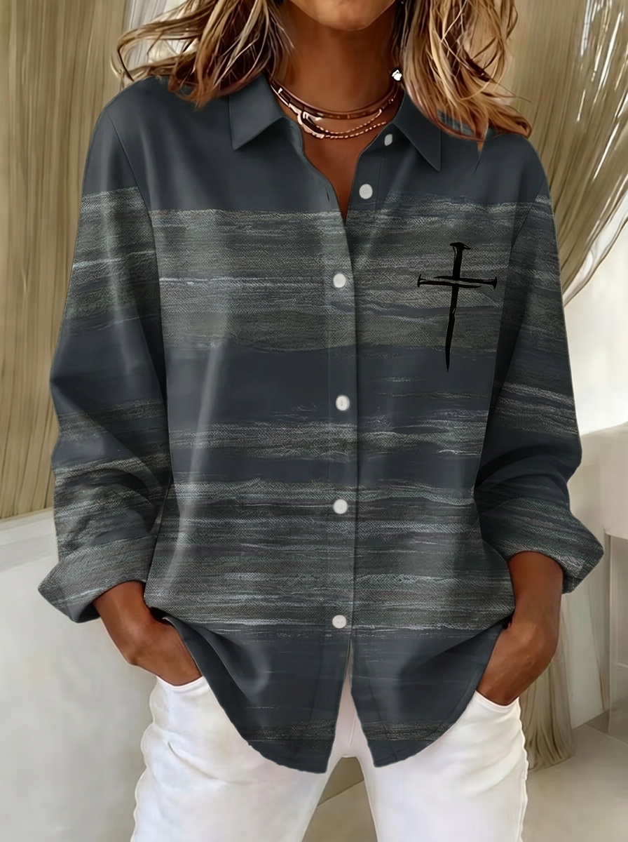 Women's Autumn Faith Cross Striped Printed Button-up Shirt