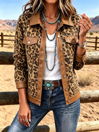 Women's Bold Leopard Denim Patchwork Leather Trim Print Trucker Jacket