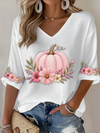 Women'S Pink Embroidered Pumpkin Flowers  Print Waffle  Top