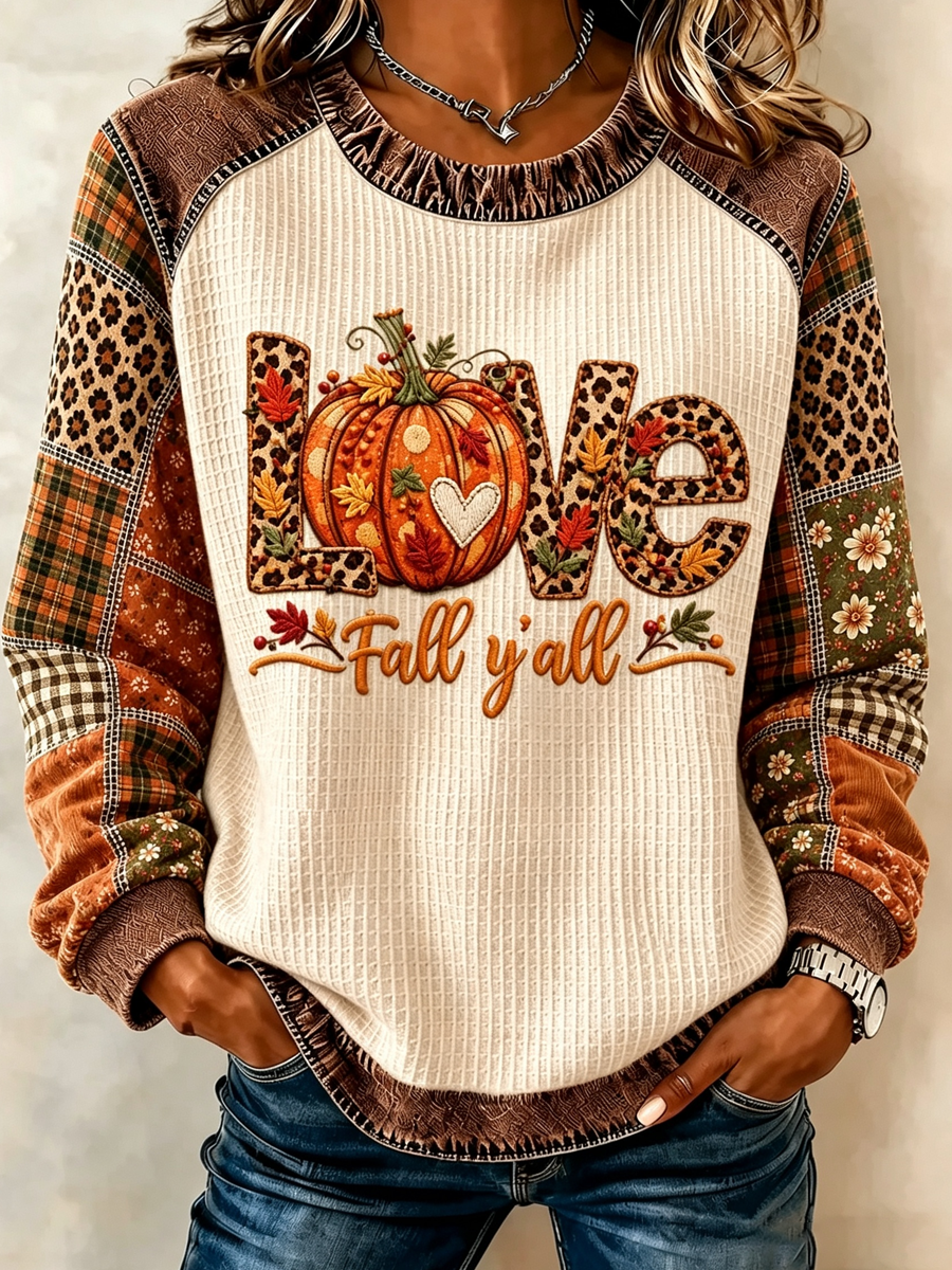 Women's Fall Pumpkin Plaid Raglan Waffle Top