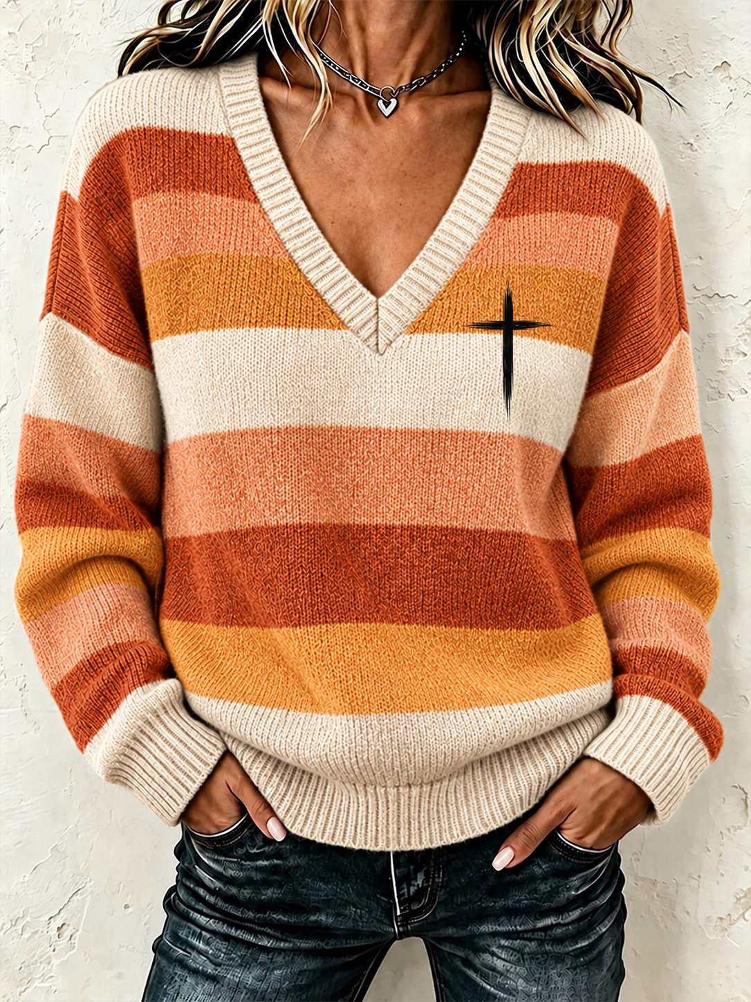 Women's Christian Art Striped Cross Sweater