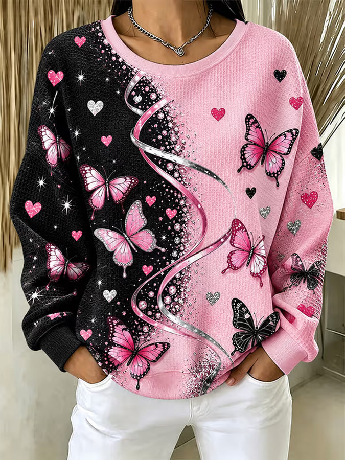 Women'S Pink Art Print Waffle Sweatshirt