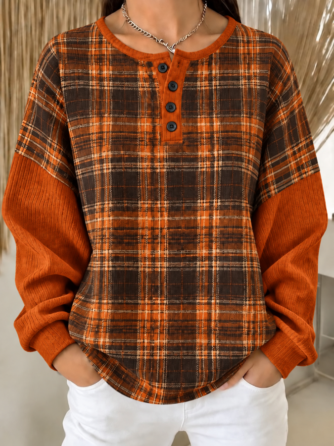 Women Plaid Henley Collar Casual Spring/Fall Long Sleeve Sweatshirt