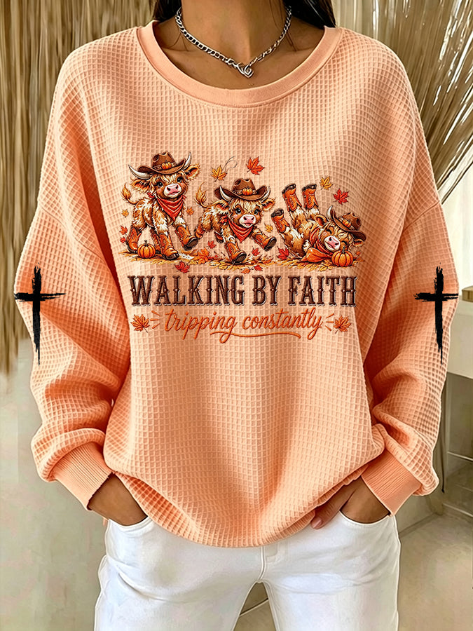 Women'S Walking by Faith Tripping Constantly Printed Waffle Sweatshirt