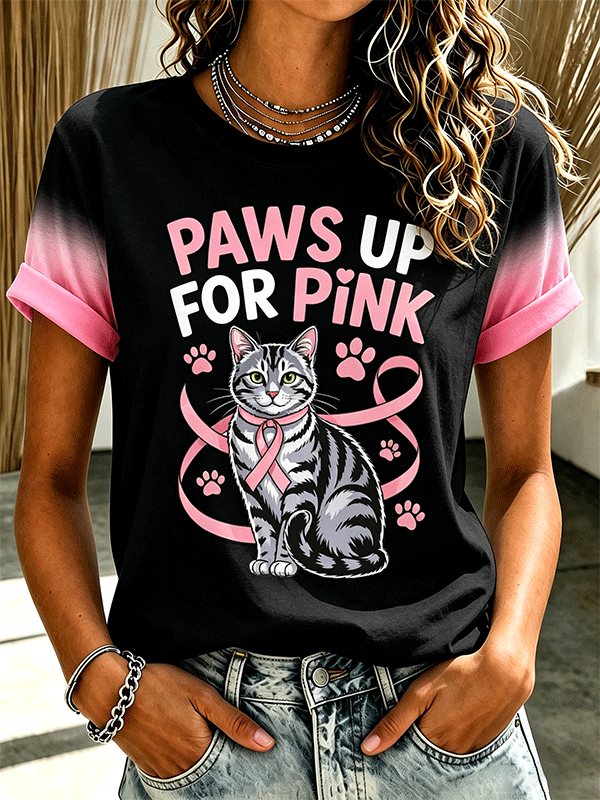 Women's Paws Up For Pink Tabby Cat Pink Ribbon Gradient T-Shirt