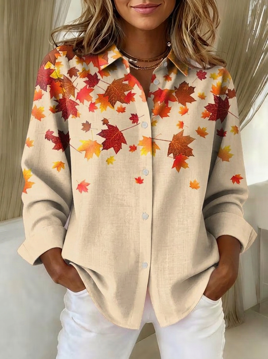Women's Autumn Fall Maple Leaf Printed Button Down Shirt