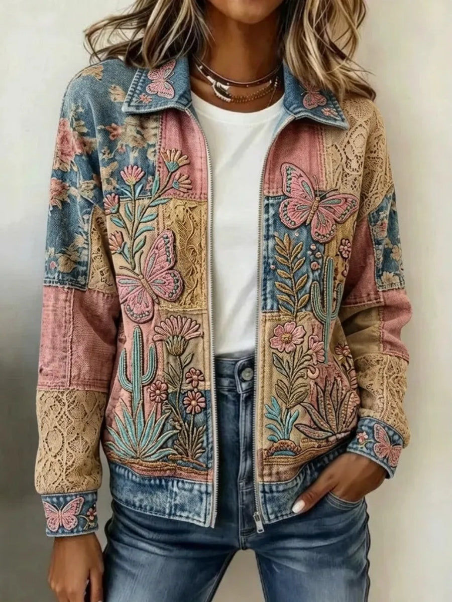 Women's Retro Floral & Butterfly Pattern Knit Zip-Up Cardigan