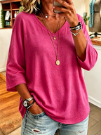 Women'S Casual V-Neck Solid Color Seven Quarter Sleeve T-Shirt