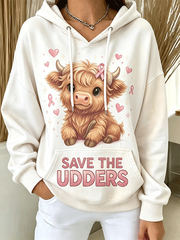 Women's Save The Udders Highland Cow Pink Ribbon Hoodie