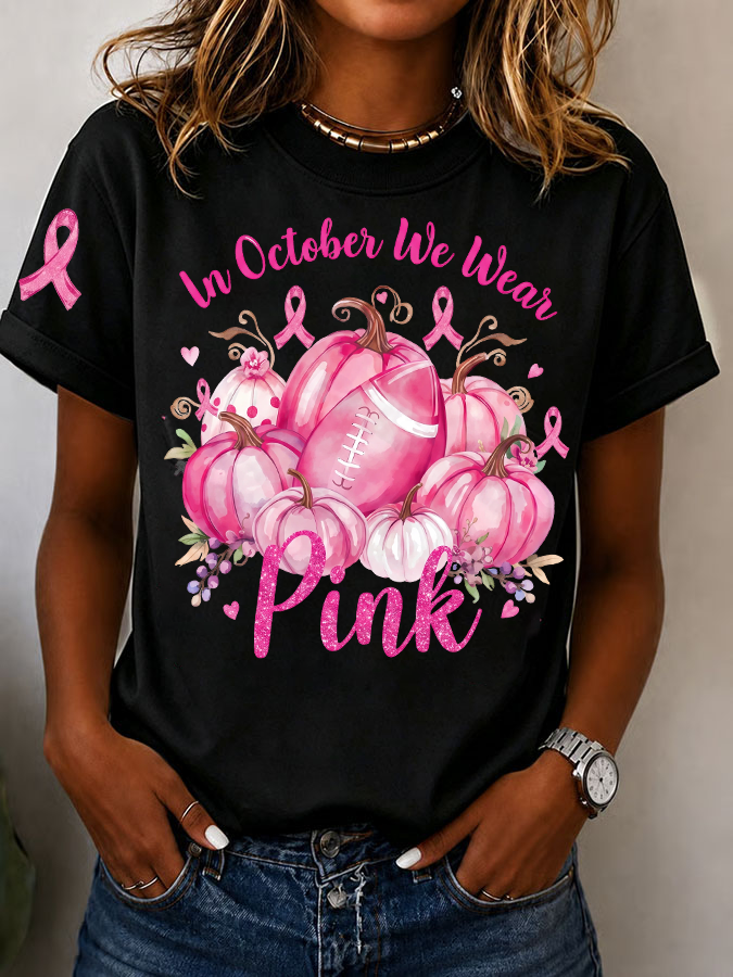 Women's In October We Wear Pink Printed Casual T-Shirt