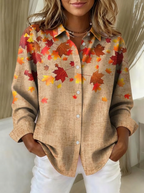 Women's Autumn Fall Maple Leaf Printed Button Down Shirt