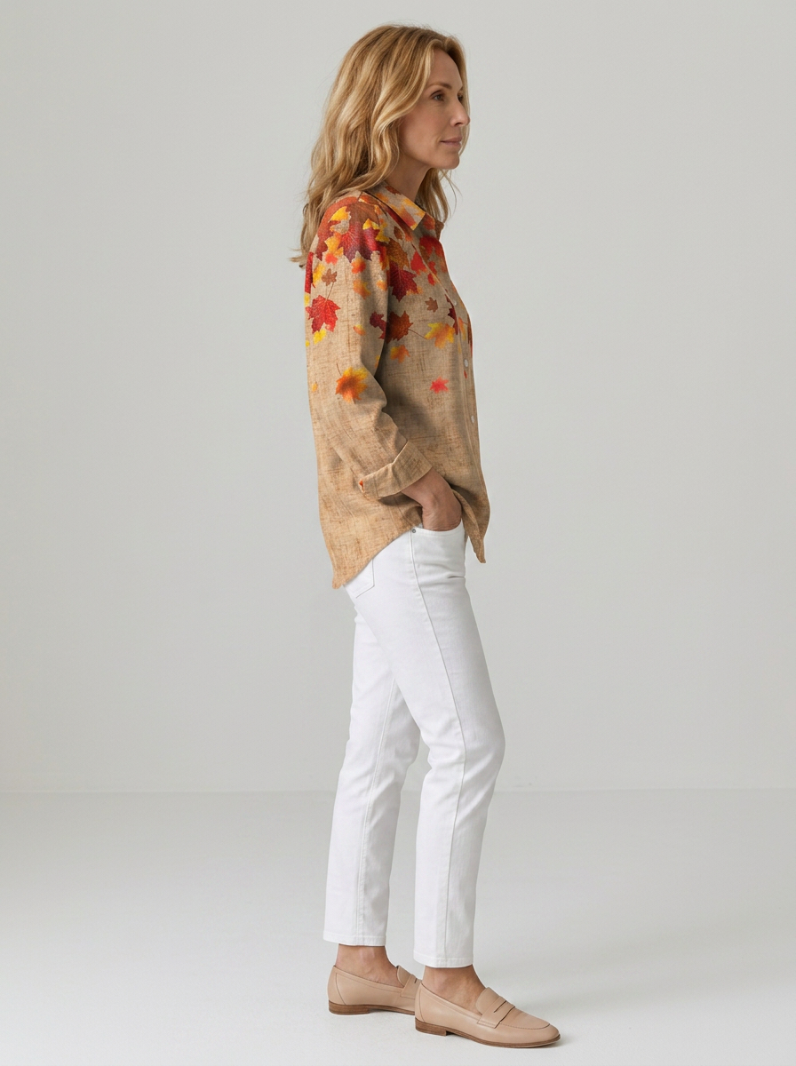 Women's Autumn Fall Maple Leaf Printed Button Down Shirt