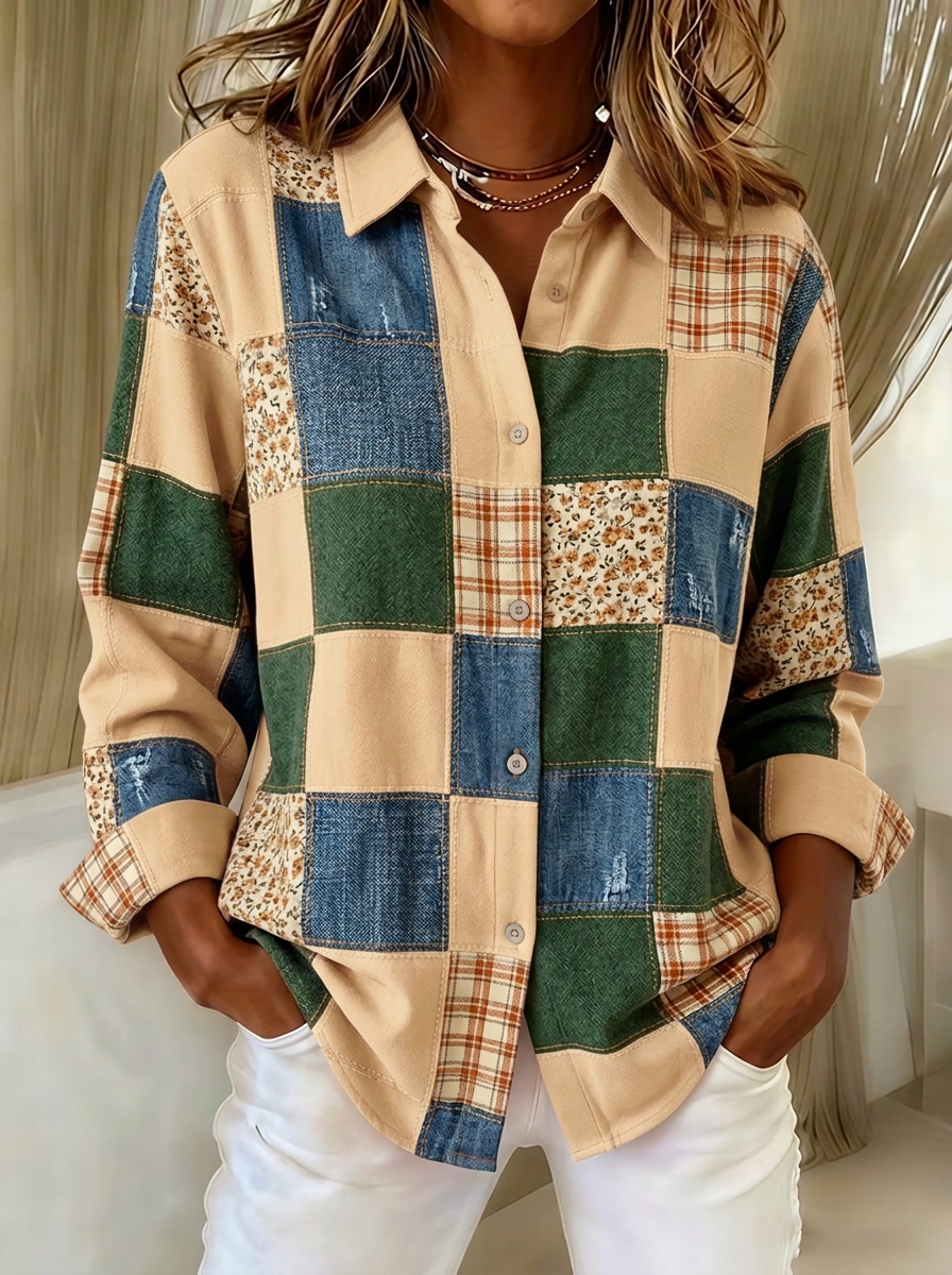 Women's Autumn Aesthetic Patchwork Floral Plaid Printed Shirt