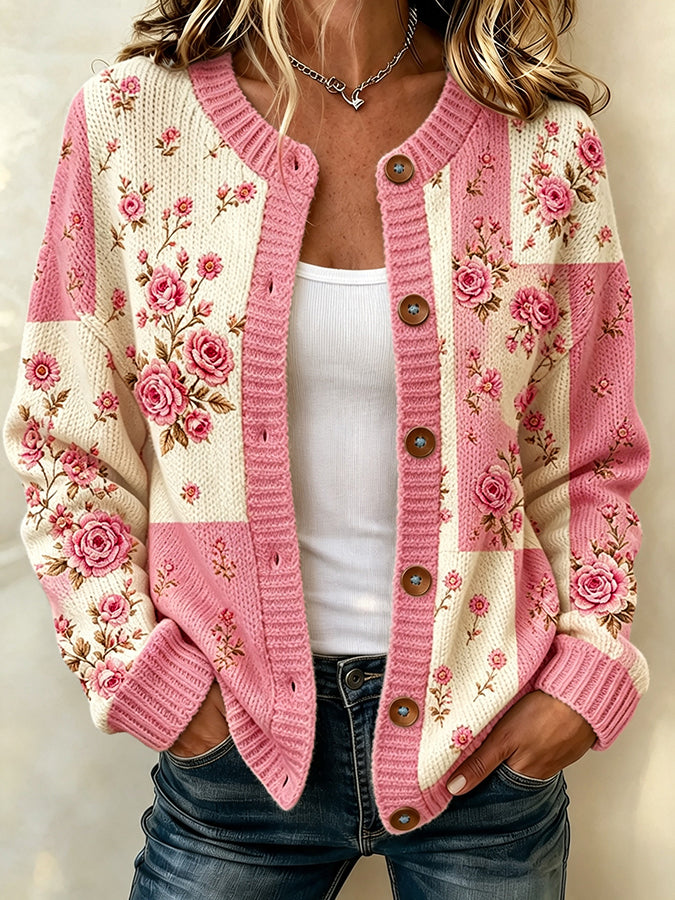 Women's Floral Embroidery Patchwork Knit Cardigan