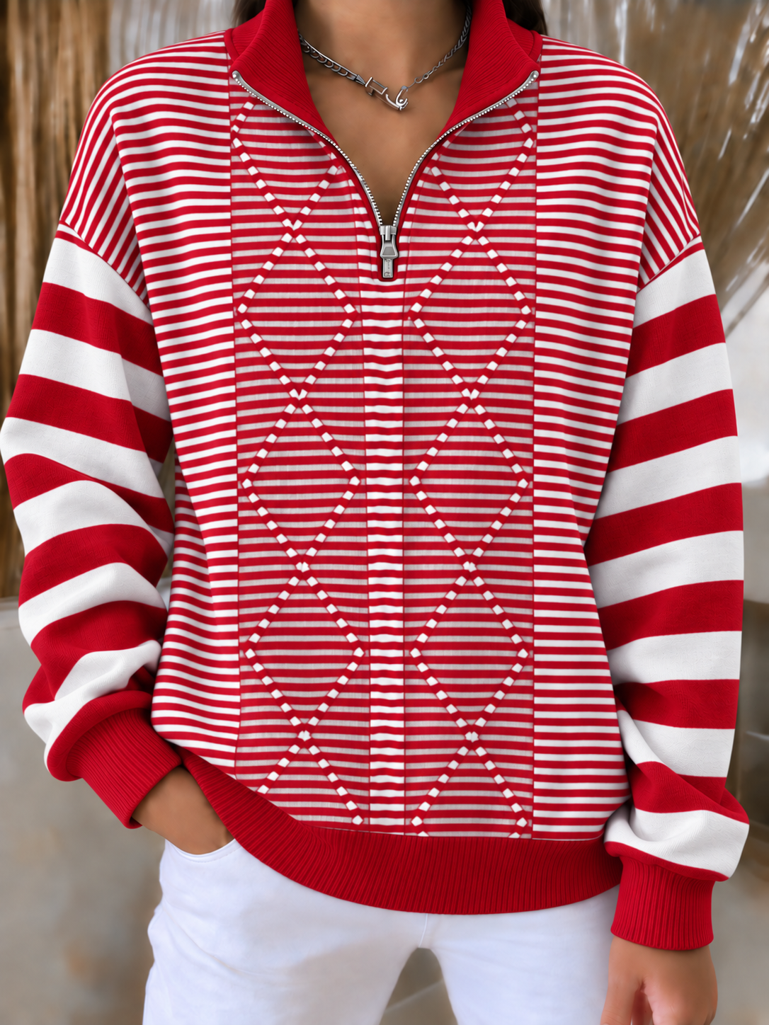 Women'S Casual Striped Zipper Top
