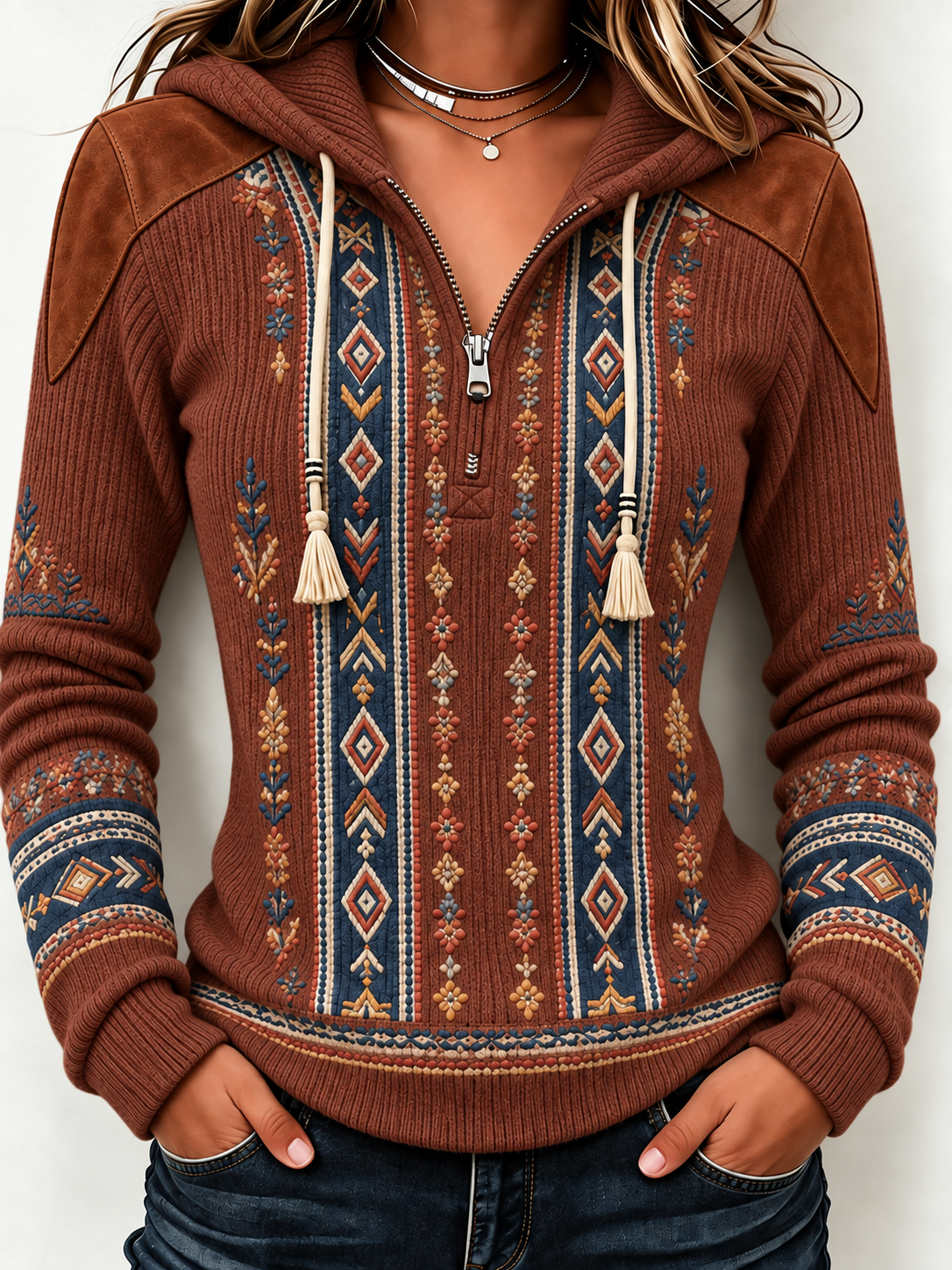 Women'S Retro Western Style Printed Zipper Hoodie