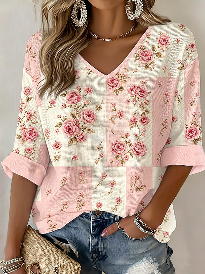 Women'S Casual Plaid Floral Waffle Top